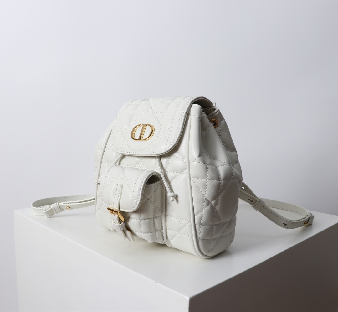 Small Dior Caro Backpack White Macrocannage Lambskin